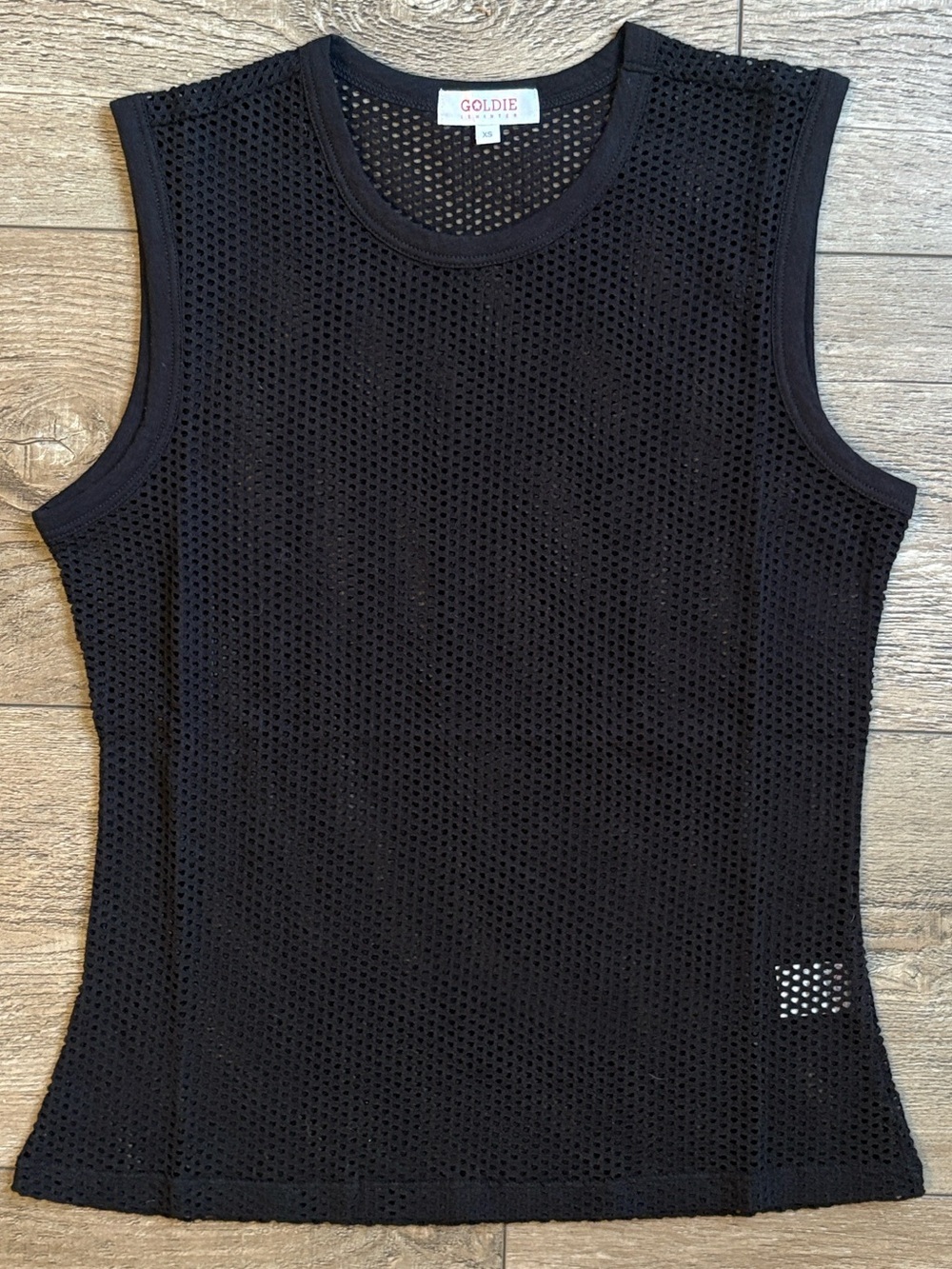 NWOT Goldie Black Fishnet Sleeveless Tank Top Muscle Tee Loose Fit Pima Cotton